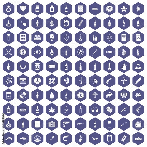 100 smuggling goods icons set in purple hexagon isolated vector illustration