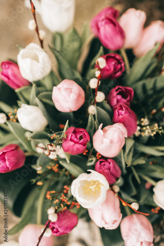 Bunch of pink and white tulips, flower background