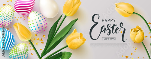 Happy Easter banner.Egg hunt. Beautiful Background with colorful eggs, yellow tulips and Golden serpentine. Vector illustration for website , posters,ads, coupons, promotional material