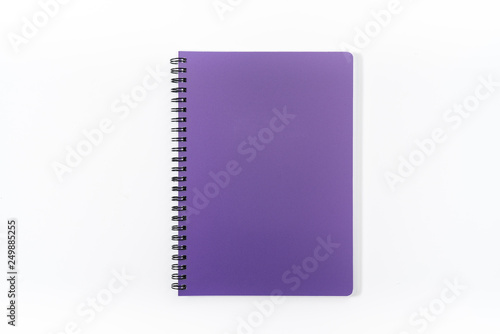 Business concept - Top view collection of spiral kraft notebook front, purple And white open page isolated on background for mockup