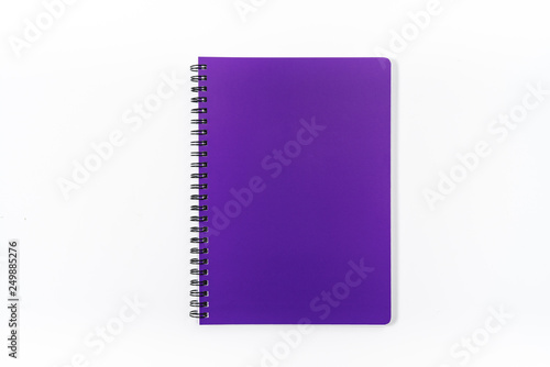 Business concept - Top view collection of spiral kraft notebook front, purple And white open page isolated on background for mockup