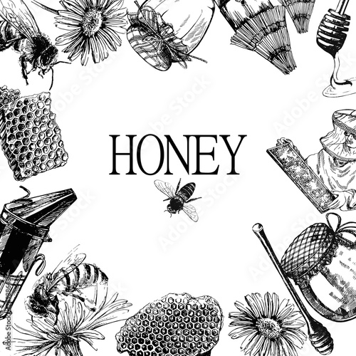 Composition of hand drawn sketch style beekeeping themed objects. Vector illustration.