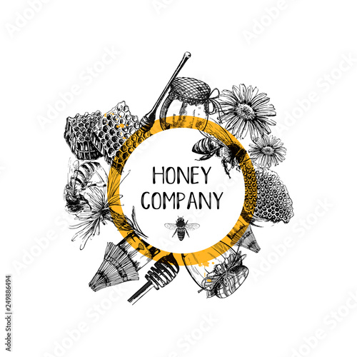 Composition of hand drawn sketch style beekeeping themed objects. Vector illustration.