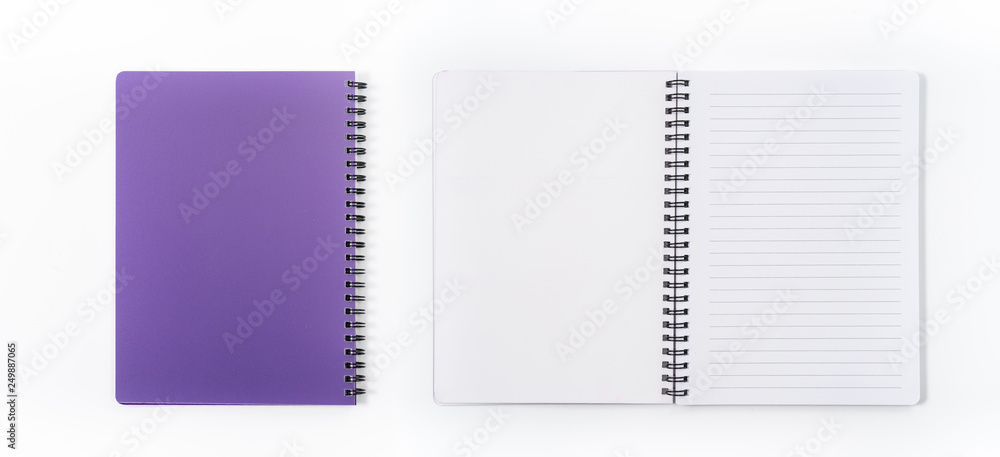 Business concept - Top view collection of spiral kraft notebook front, purple And white open page isolated on background for mockup Business concept - Top view collection of spiral kraft notebook front, purple And white open page isolated on background for mockup