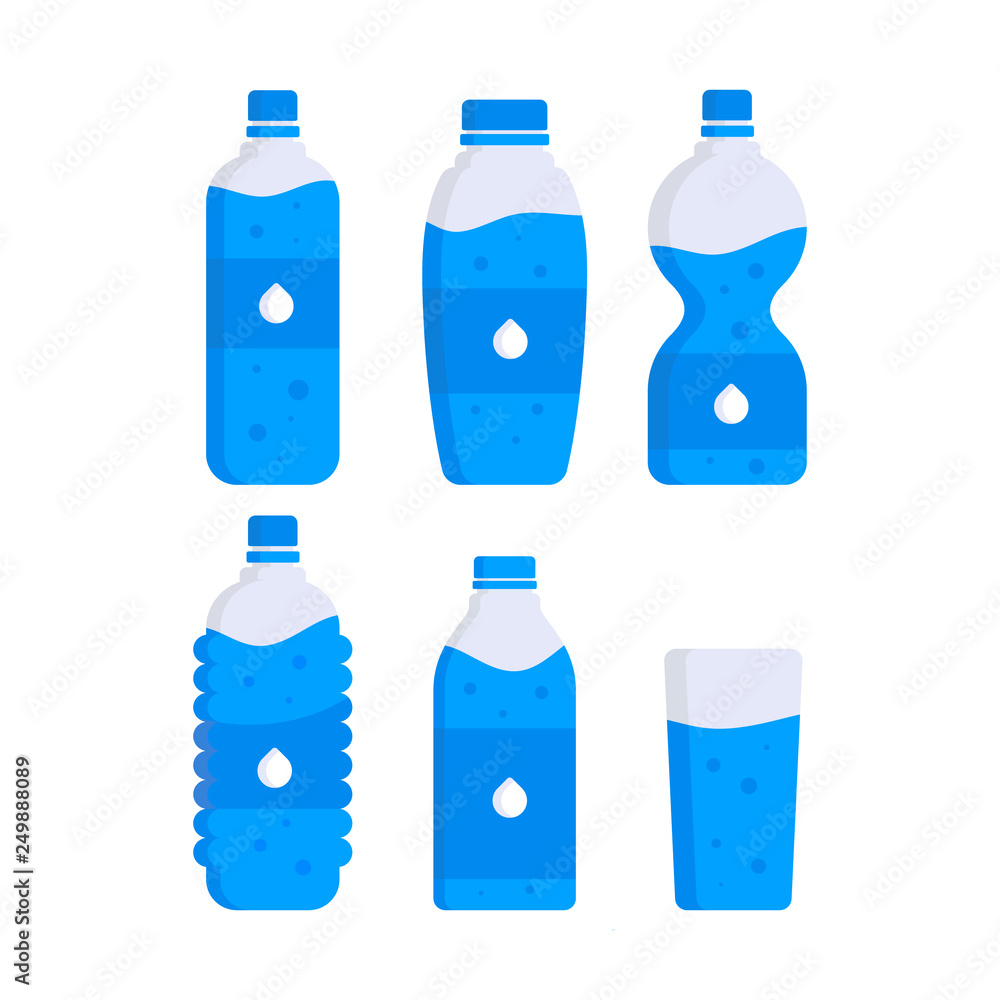 Set of water plastic bottles. Clean drink in plastic container Set of water plastic bottles. Clean drink in plastic container