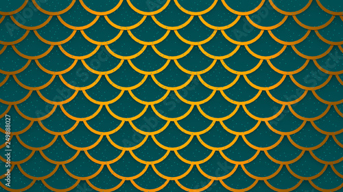 Golden green fish scales bright cells pattern marine background 3D illustration