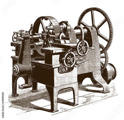 Antique pulley lathe machine, after engraving from 19th century