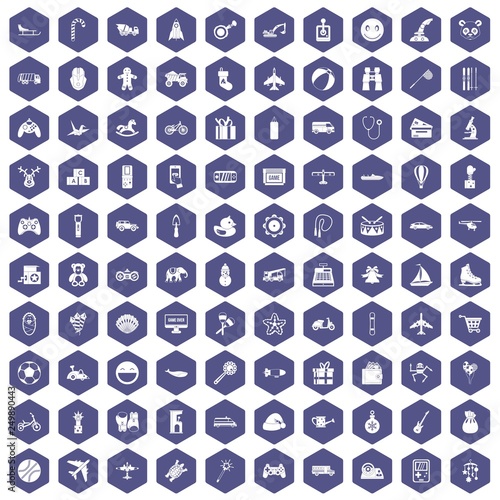 100 toys for kids icons set in purple hexagon isolated vector illustration