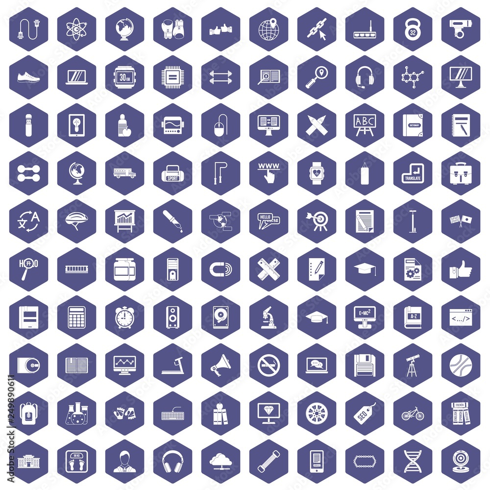 100 training icons set in purple hexagon isolated vector illustration
