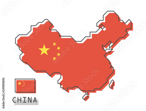 China map and flag . Modern simple line cartoon design . Vector .