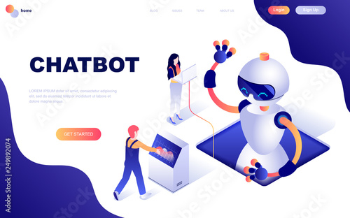 Modern flat design isometric concept of Chat Bot and Marketing decorated people character for website and mobile website development. Isometric landing page template. Vector illustration.