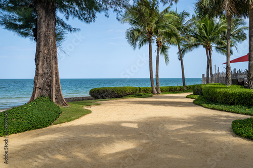 the private hotel sand garden with cocount tree, Hua Hin Thailand beach