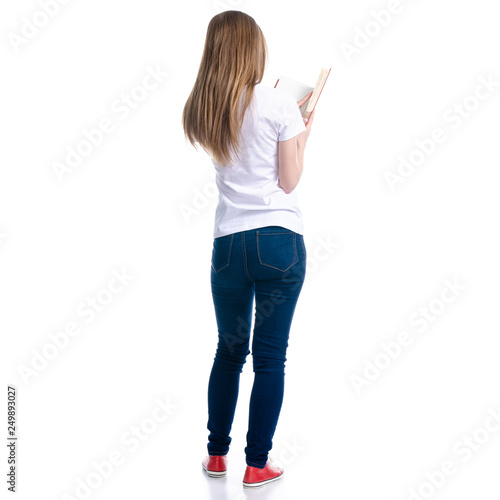 Woman in jeans read book on white background isolation, back view