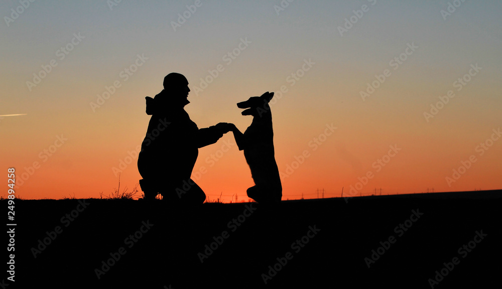A man and a dog against the backdrop of an incredible sunset A man and a dog against the backdrop of an incredible sunset