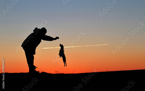 Silhouettes of a man and a small dog on a sunset background.