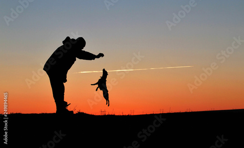 Silhouettes of a man and a small dog on a sunset background.