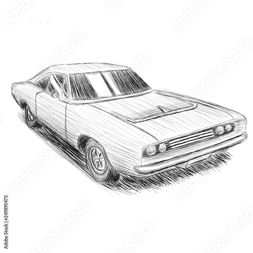 Classic american muscle car hand drawn vector illustration sketch