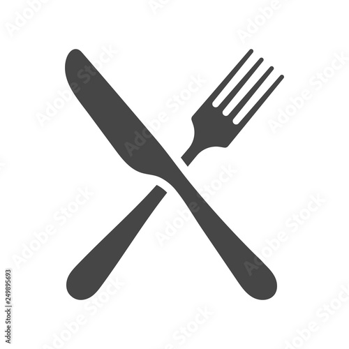 Black silhouette of crossed fork and knife icon vector isolated.