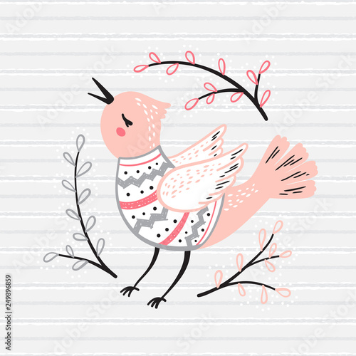 T-shirt Print Design for Kids with Cute Singing Bird with Branches of Willow. Spring Little Songbird and Gray Striped Seamless Pattern. Baby Shower Scandinavian Poster Design Vector Illustration