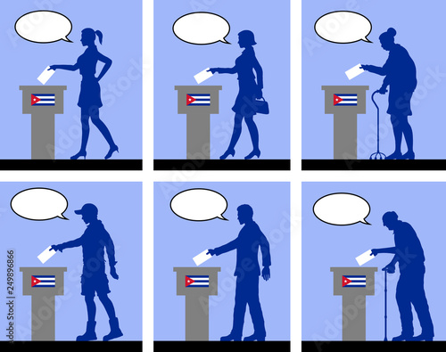 Cuban citizens voting for election in Cuba with speech bubble
