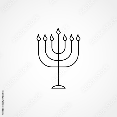 Black Menorah with burning candles is isolated on the white background is a line vector illustration for Hanukkah. The concept is Religion icon.
