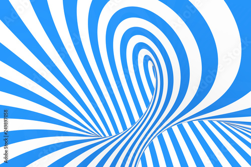 Swirl optical 3D illusion raster illustration. Contrast blue and white spiral stripes. Geometric winter torus image with lines.