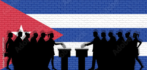 Cuban voters crowd silhouette in election with Cuba flag graffiti in front of brick wall