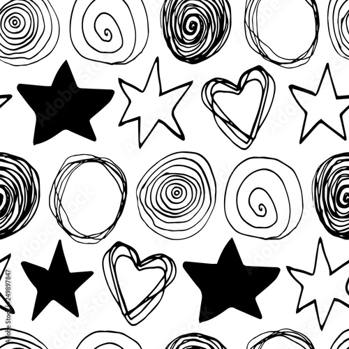 Beautiful vector seamless pattern in simple scandinavian style. Abstract black hand drawn ink shapes isolated on white. Repeating wallpaper. Trendy background design.