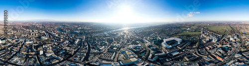 Newcastle upon Tyne Aerial 360 Panoramic Cityscape View in England, UK. Beautiful City Skyline and Famous Landmarks, Central Downtown Urban Buildings, Stadium feat. Wide Panorama on a Sunny Day. photo