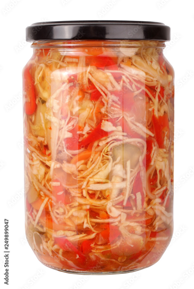 Jar of preserved mixed salad vegetables chops Jar of preserved mixed salad vegetables chops