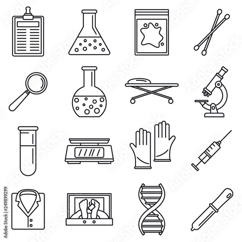 Dna investigation laboratory icons set. Outline set of dna investigation laboratory vector icons for web design isolated on white background