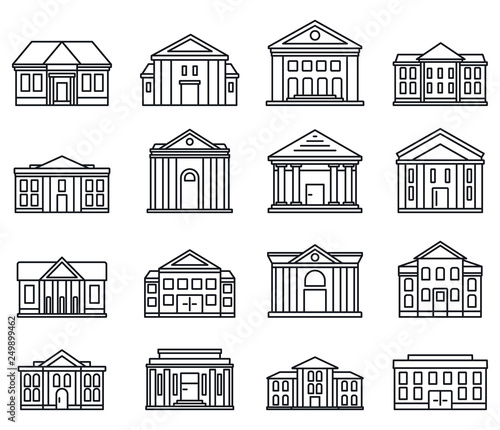 City courthouse icons set. Outline set of city courthouse vector icons for web design isolated on white background