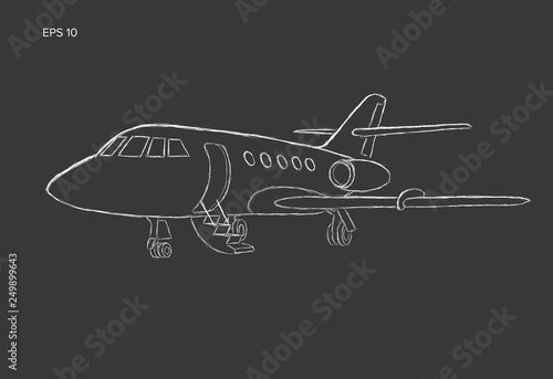 Private jet vector hand drawn sketch. Business jet illustration chalk style.