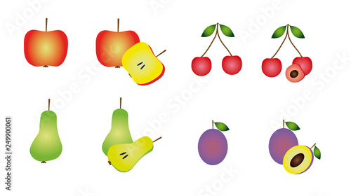 Cartoon fruit set, include apple and cherry, pear and plum.