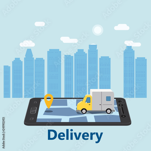 Delivery Van Express concept. Checking delivery service app on mobile phone online tracking. Fast Delivery truck on smartphone and city background. Vector illustration, isolated, baner, template