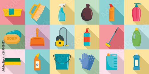 Cleaner equipment icons set. Flat set of cleaner equipment vector icons for web design