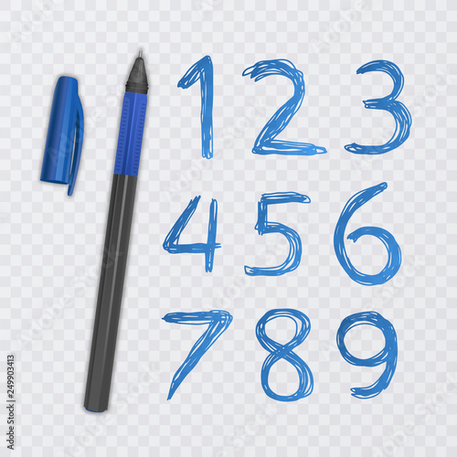 Set of ten numbers from one to nine, numbers drawn with blue pen, vector illustration