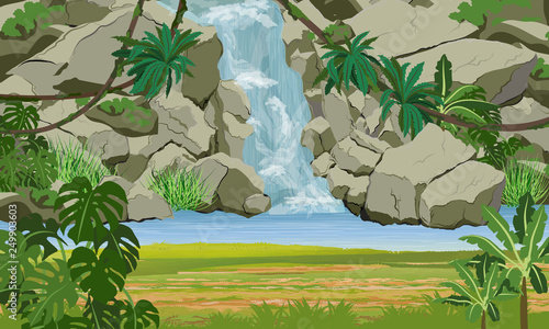 Waterfall with jungle. Rocks, tropical plants, coast covered with grass. South America and Africa. Realistic Vector Landscape