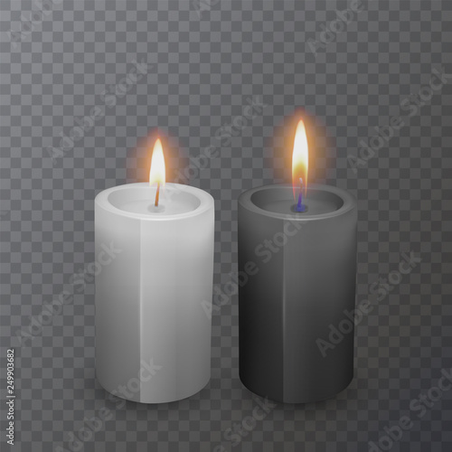 Realistic black and white candles  Burning candles on dark background  vector illustration