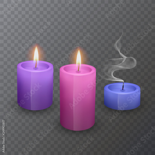 Set of Realistic candles, Burning pink purple and blue of colors and an extinct candle on dark background, vector illustration