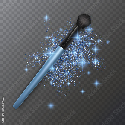 Illustration of Makeup Brush for EyeShadow and glittering texture of blue color, glitter on transparent background, vector illustration
