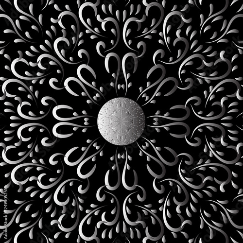 Silver metal plate with classic ornament. Silver mandala on black background. Indian vector pattern.