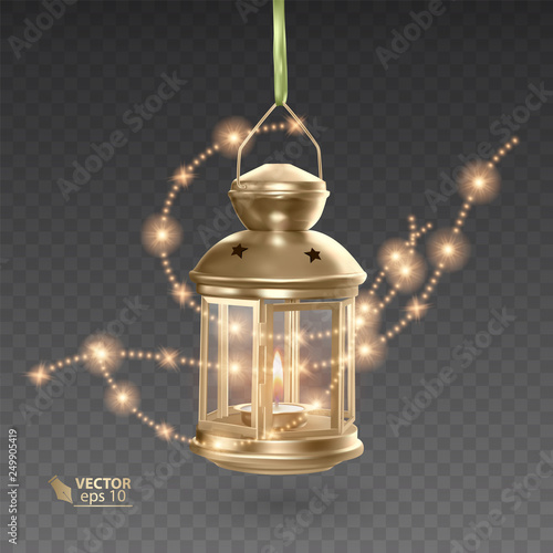 Golden lantern with a glowing candle, hanging lantern surrounded by shiny stars