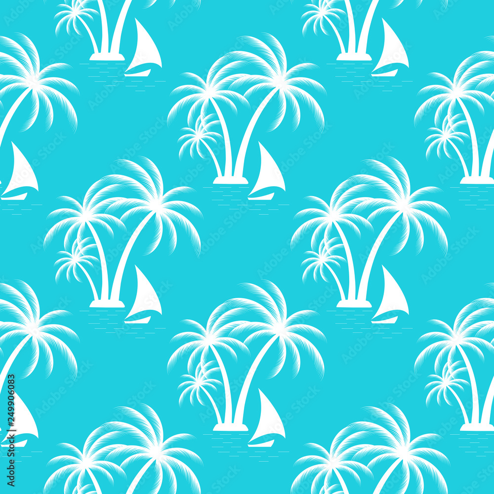 Tropical island. Palm trees. Sailing boat seamless pattern.