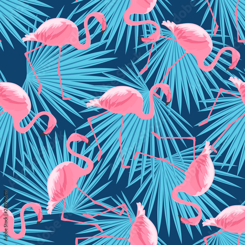 Pink flamingo and palm leaves seamless pattern. Tropical decor, botanical design.