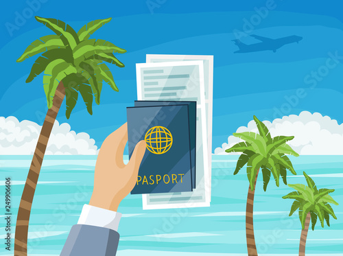 Air tickets and passports in hand, Summer paradise beach, tropical vacation concept