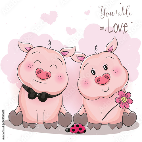 cute piggy couple with flower