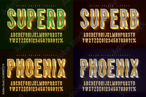 Golden 3d shining font, gold letters and numbers.