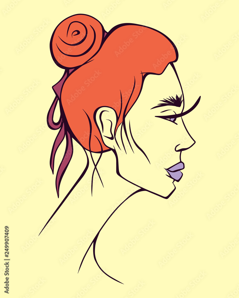 Beauty style vector illustration of beautiful woman profile. Cut orange hair  style and long lashes. Design elements for sticker, card, print or poster.  Unique drawing isolated on yellow background Stock Vector |