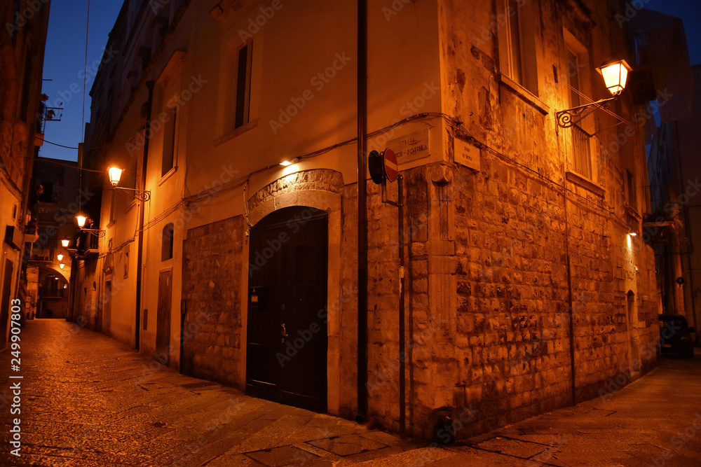 Night view in amazing Old Town , historical center of Bari , Italy